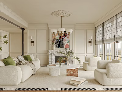 Living Room Interior With White Sofa Green Cushions Marble Coffee Table Fireplace And Large Windows 3d model