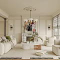Living Room Interior With White Sofa Green Cushions Marble Coffee Table Fireplace And Large Windows