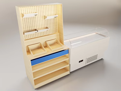 Wooden Storage Shelf Unit With Pegboard Shelves Blue Drawer And Transparent Lid Cooler 3d model