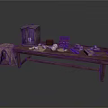 Rustic Long Wooden Table Setup With Basket Cloth Bread Vintage Cabinet And Stool 3d model