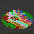 Tasty Assorted Food Platter On Round Table With Fringed Tablecloth Drinks And Condiments