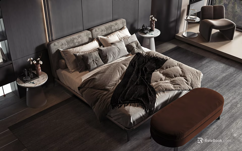 Modern Double Bed With Soft Gray Bedding Pillows Upholstered Headboard And Side Stool 3d model