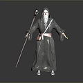 Hooded Wizard In Gray Robe With White Beard Holding Wooden Staff And Sword
