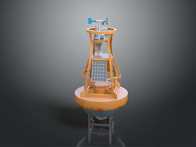 Solar Powered Marine Monitoring Buoy Equipment With Wooden Structure And Antenna 3d model