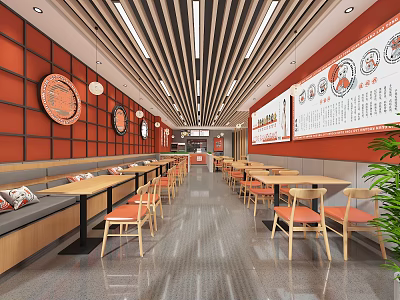 Modern Restaurant Interior Design With Red Wall Wooden Tables Bench Seats And Hanging Decor Plates 3d model