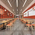Modern Restaurant Interior Design With Red Wall Wooden Tables Bench Seats And Hanging Decor Plates