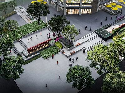 Urban Commercial Landscape Design With Plaza Greenery Pedestrians And Modern Buildings 3d model