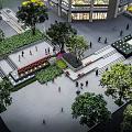 Urban Commercial Landscape Design With Plaza Greenery Pedestrians And Modern Buildings