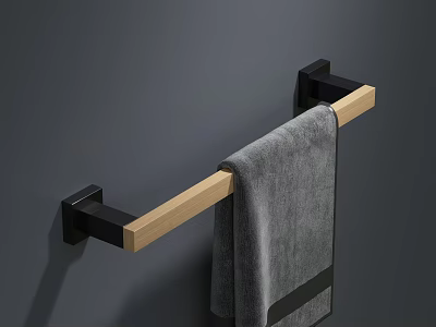 Modern Bathroom Accessories Wall Mounted Towel Rack With Wooden Bar Black Brackets And Gray Towel 3d model