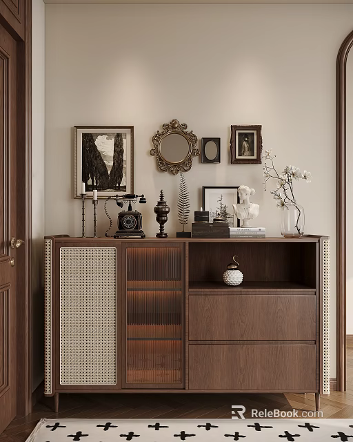 Wooden Sideboard With Woven Panels Wall Mirror Framed Pictures And Decorative Items 3d model 