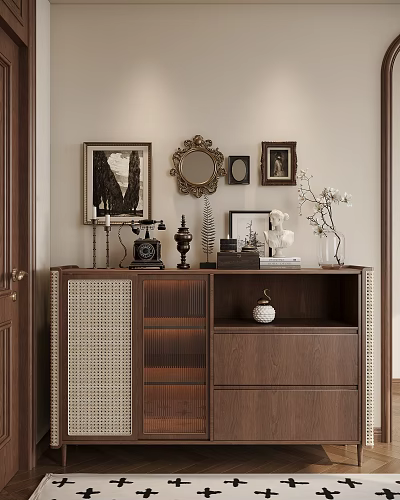 Wooden Sideboard With Woven Panels Wall Mirror Framed Pictures And Decorative Items 3d model