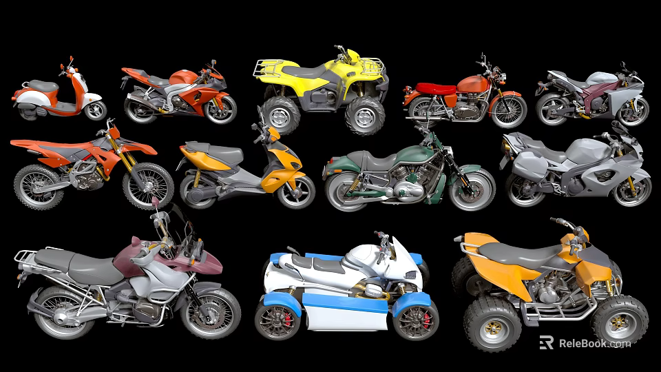 Various Types of Motorcycles Including ATVs Sports Bikes And Cruisers On 3d model 