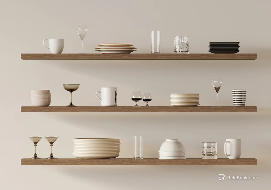 Dinnerware Set Displayed on Wooden Shelves with Mugs Plates Bowls Wine Glasses and Glassware 3d model 