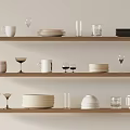 Dinnerware Set Displayed on Wooden Shelves with Mugs Plates Bowls Wine Glasses and Glassware