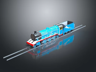 Blue And Red Train Model On Rail Tracks 3d model