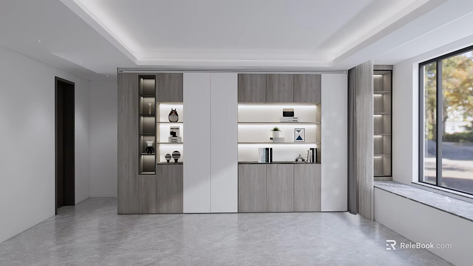 Modern Built in Bookcase With Wooden And White Design Storage Compartments Books Decorative Items 3d model 