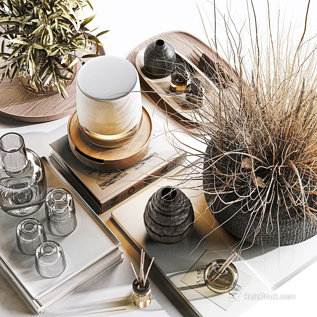 Minimalist Ornamental Decor Set With Wooden Tray Glass Containers And Dried Flower Arrangement 3d model 