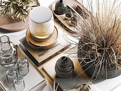 Minimalist Ornamental Decor Set With Wooden Tray Glass Containers And Dried Flower Arrangement 3d model