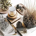 Minimalist Ornamental Decor Set With Wooden Tray Glass Containers And Dried Flower Arrangement