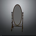 Oval Floor Mirror With Golden Decorative Metal Stand And Portable Wheels For Home Living