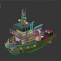 Green Tugboat With Cabin Deck Yellow Fenders And Marine Equipment For Water Transport