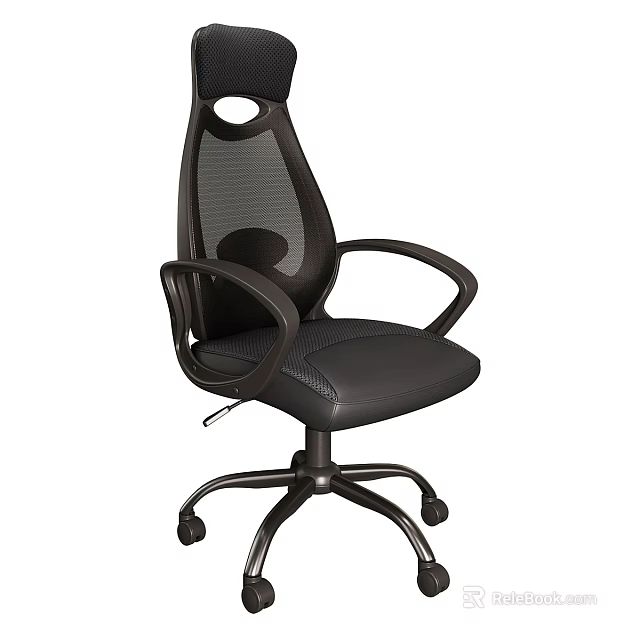 Ergonomic Black Office Chair With Mesh Back Leather Seat Armrests And Swivel Wheels 3d model 