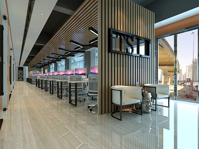 Modern Public Office Interior Design With Long Desks Computers And Window Views 3d model