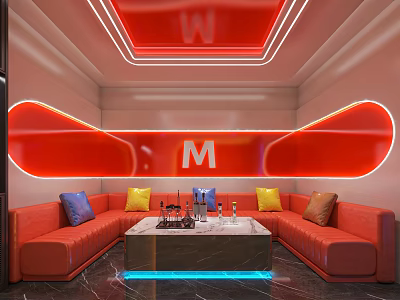 Modern KTV Room Interior with Red Neon Lights Orange Sofa and Marble Coffee Table 3d model