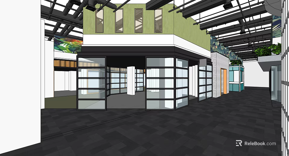 Shopping Mall Lobby Interior With Green Structure Large Glass Windows And Black Flooring 3d model 