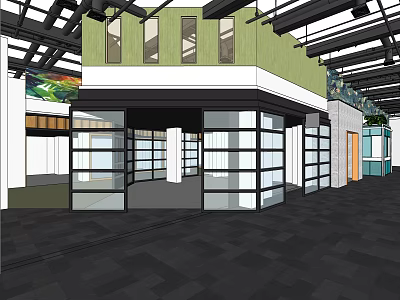 Shopping Mall Lobby Interior With Green Structure Large Glass Windows And Black Flooring 3d model
