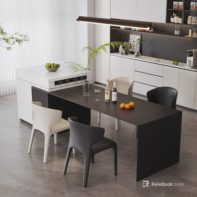 Modern Dining Table Set With Black Table White And Black Chairs Oranges Wine Bottle Glasses 3d model