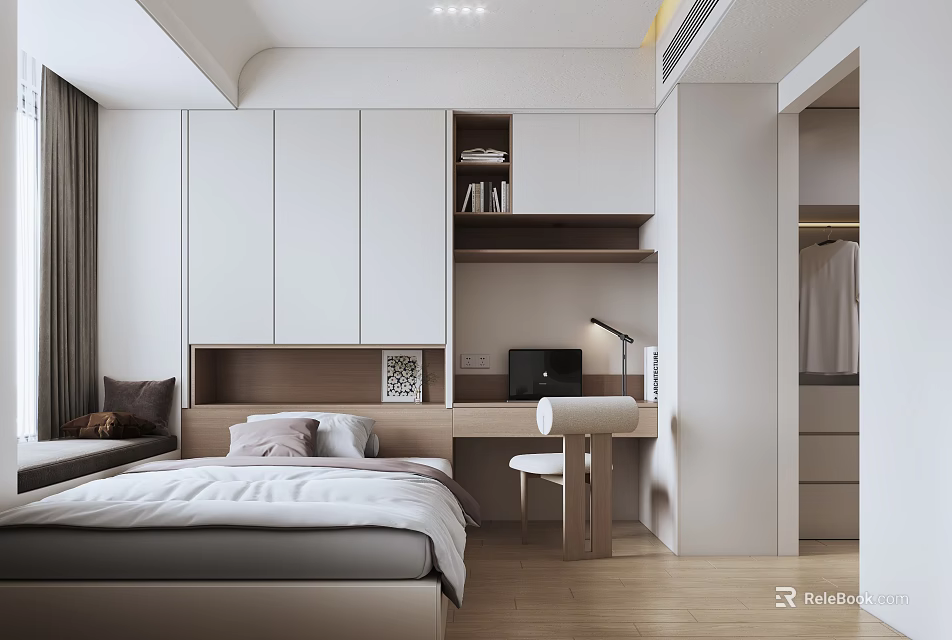 Modern Tatami Bedroom Interior Design With Tatami Bed Storage Cabinets Desk And Bookshelf 3d model 