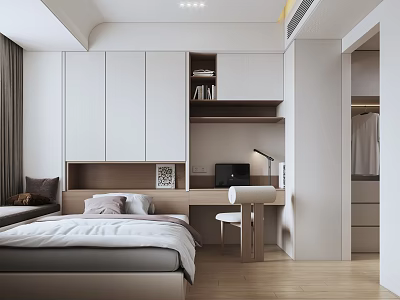 Modern Tatami Bedroom Interior Design With Tatami Bed Storage Cabinets Desk And Bookshelf 3d model