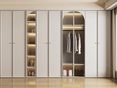 Modern Whole House Wardrobe With Arched Design Open Shelves Hanging Area And LED Lighting 3d model