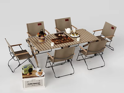 Six Folding Chairs and Wooden Table Outdoor Picnic Set with Tea Pot Fruit 3d model