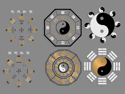 Ancient Traditional Chinese Bagua Yin Yang Trigrams Silhouette Design Elements 3d model