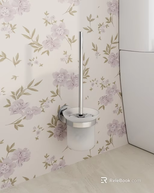 Modern Toilet Interior With Purple Floral Wallpaper And Wall Mounted Silver Rod White Holder 3d model 