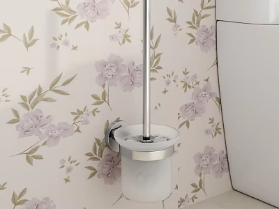 Modern Toilet Interior With Purple Floral Wallpaper And Wall Mounted Silver Rod White Holder 3d model