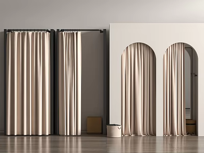 Beige Soft Fabric Curtains Hanging On Black Rods In Modern Archway Room 3d model