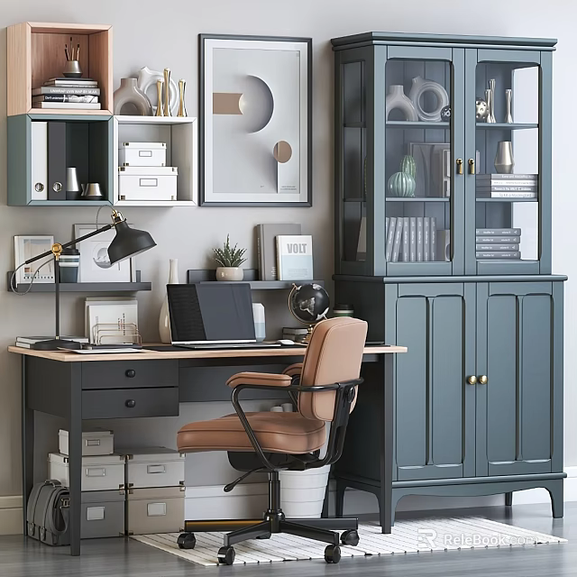 Modern Home Office Desk Setup with Laptop Lamp Globe Tan Leather Chair and Teal Cabinet 3d model 