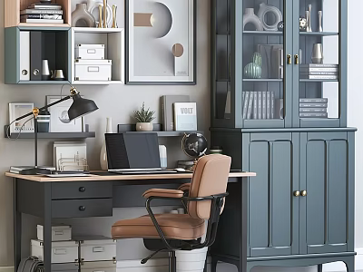 Modern Home Office Desk Setup with Laptop Lamp Globe Tan Leather Chair and Teal Cabinet 3d model