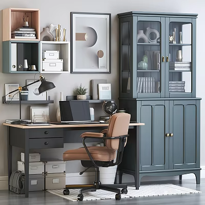 Modern Home Office Desk Setup with Laptop Lamp Globe Tan Leather Chair and Teal Cabinet 3d model