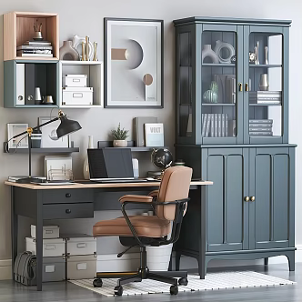 Modern Desk Chair Workbench Laptop Cabinet Wall Decorations Bookshelf 3d model