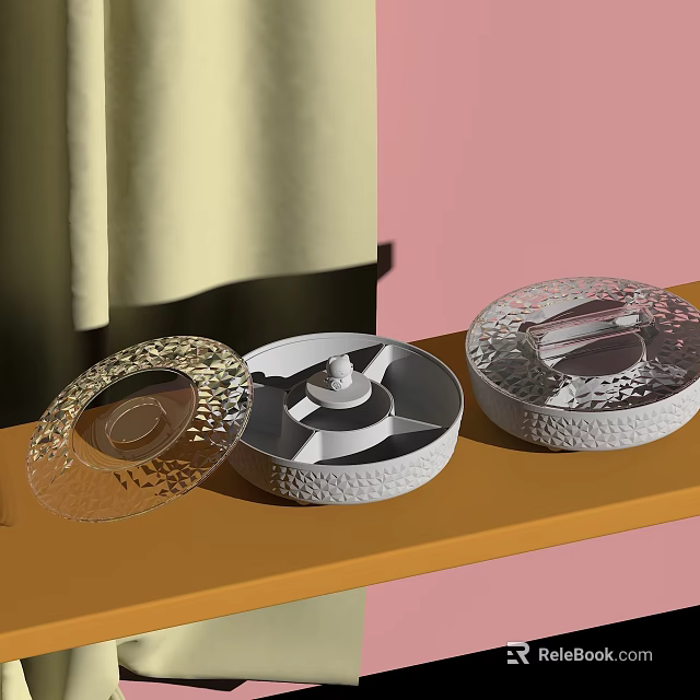 Clear Glass Lid Containers Placed On Orange Shelf With Light Curtains And Pink Wall 3d model 