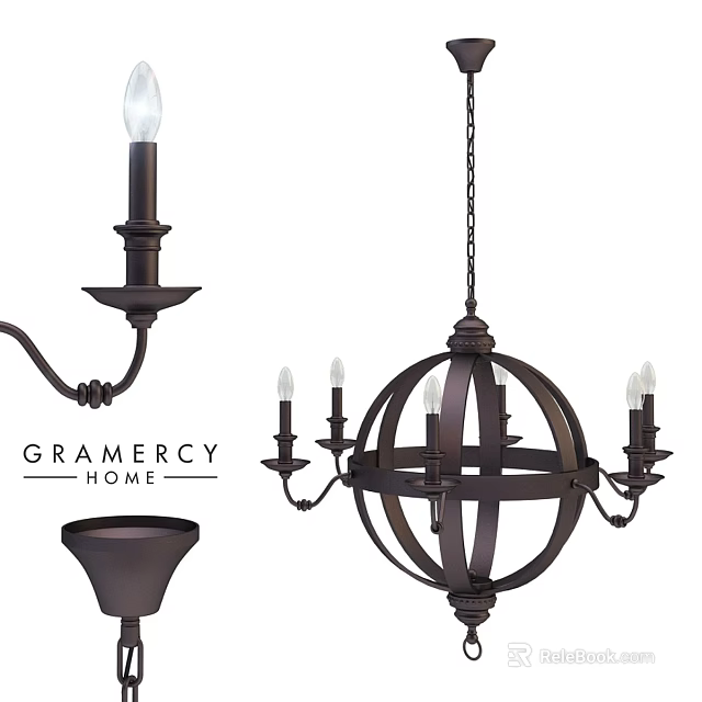 Elegant Chain Hung Metal Spherical Chandelier With Candle Style Arms By Gramercy Home 3d model 