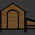 Wooden Dog House With Black Roof And Small Table With Bowls
