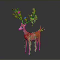 Orange Deer With Branches Green Leaves Red Flowers And Green Leaf Decorations Against Gray Background