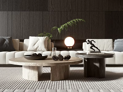 Modern Living Room With Round Marble Coffee Table White Sofa Lamp And Green Plant Decor 3d model