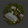 Cartoon Scene Featuring Wooden Huts Palm Trees Swampy Area Small Signs And Surrounding Plants
