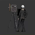 Professional Photographer Setup With White Safety Helmet Black Camera Tripod And Reflector